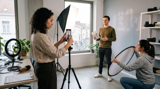 Une équipe filme une vidéo verticale avec un smartphone sur trépied dans un studio léger pour produire du contenu pour les réseaux sociaux.